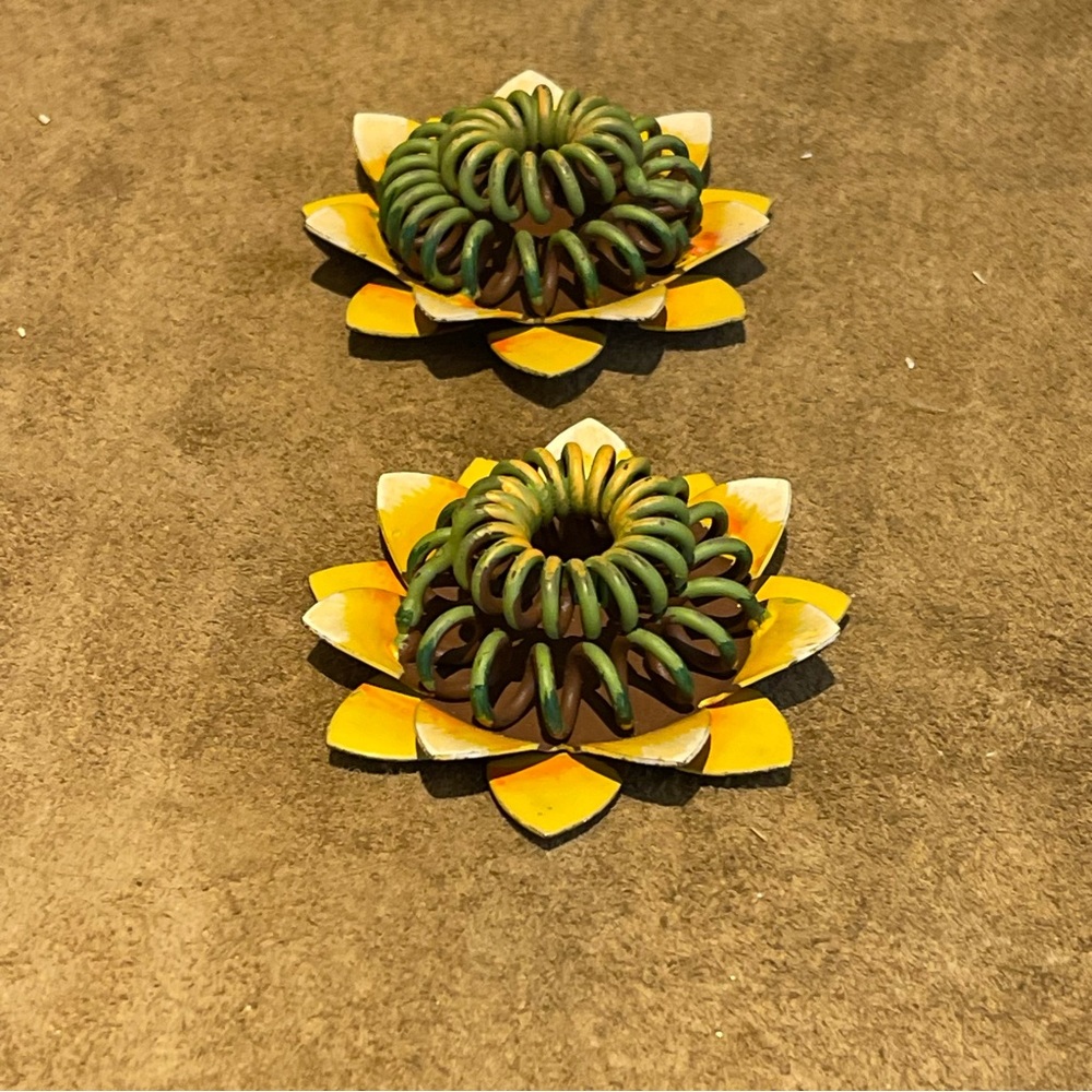 2 yellow sunflower rustic metal magnets 3”
